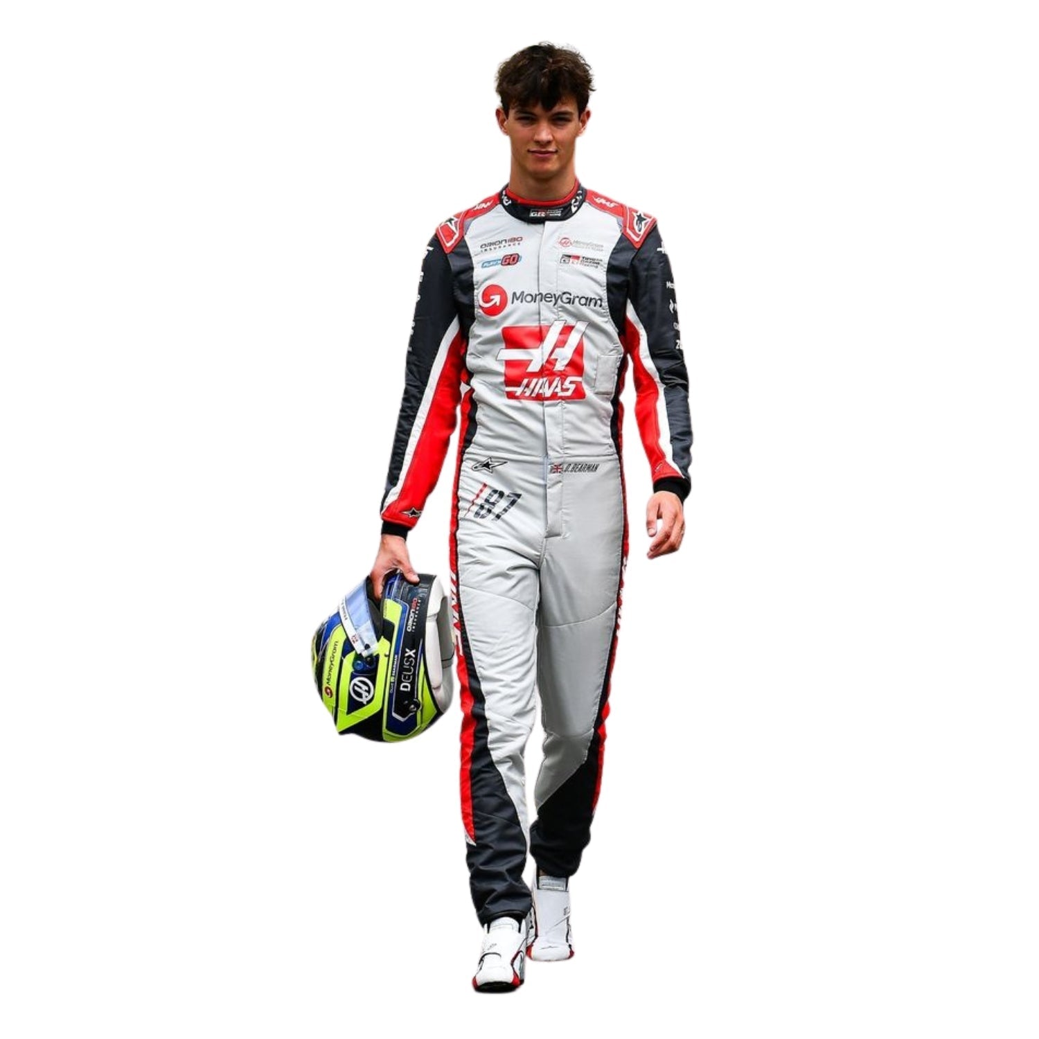 Oliver Full Front view of wearing a 2025 Canadian racing suit with sponsor logos on a white background holding helmet