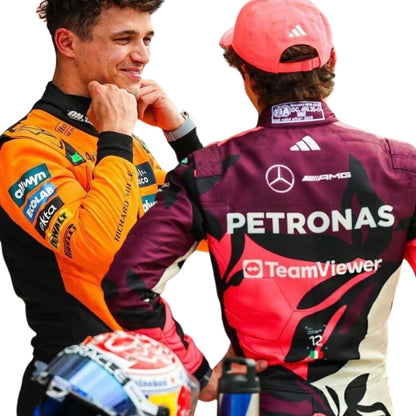 Rear view showcasing the fitted design of the 2025 Miami GP racing suits worn by Antonelli, with bold number placement and airflow-enhancing panels.