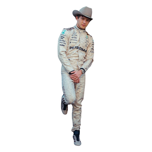 Kimi Andrea Antonelli 2025 USA Austin GP metallic silver and black F1 racing suit front view This suit is inspired by the Mojave Desert.