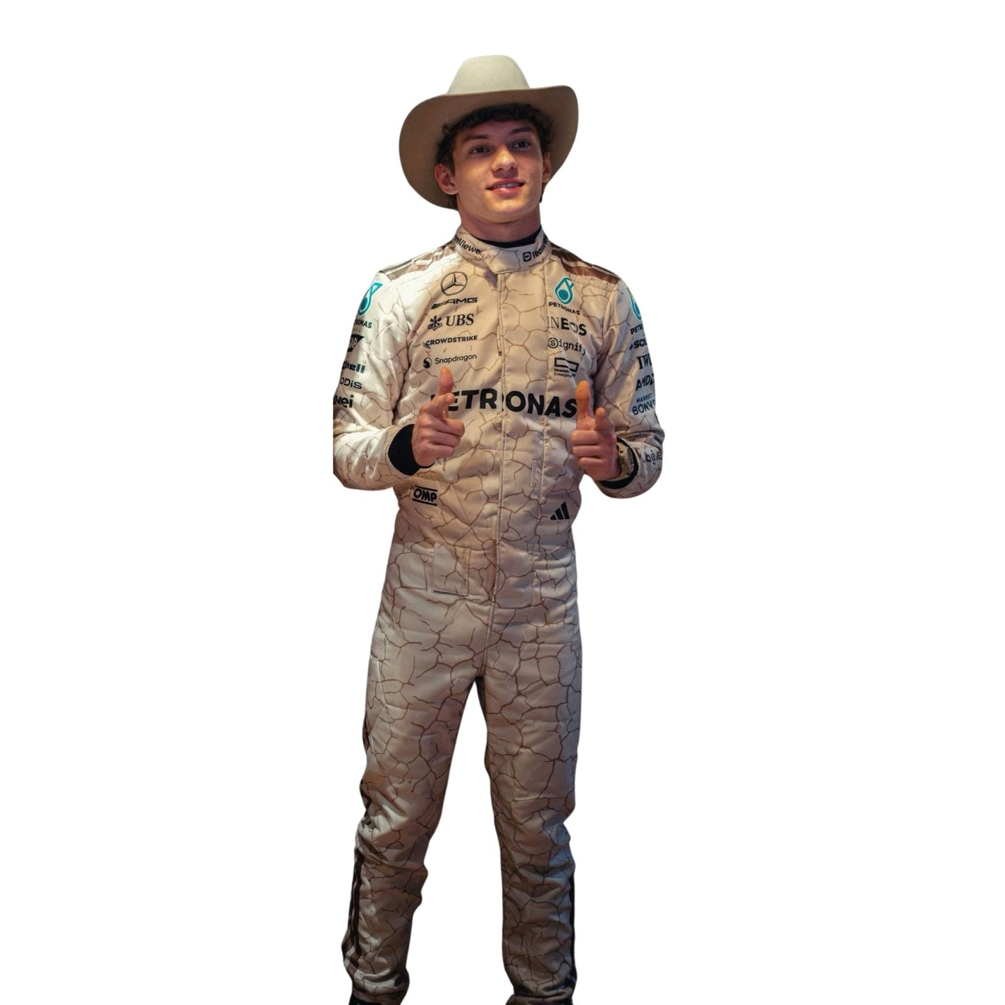 Kimi Andrea Antonelli 2025 USA Austin GP metallic silver and black F1 racing suit front view This suit is inspired by the Mojave Desert.