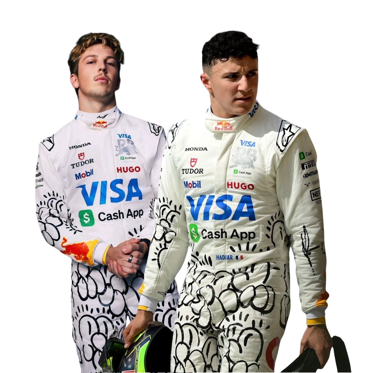 Two individuals wearing white racing suits with various sponsor logos on a white background