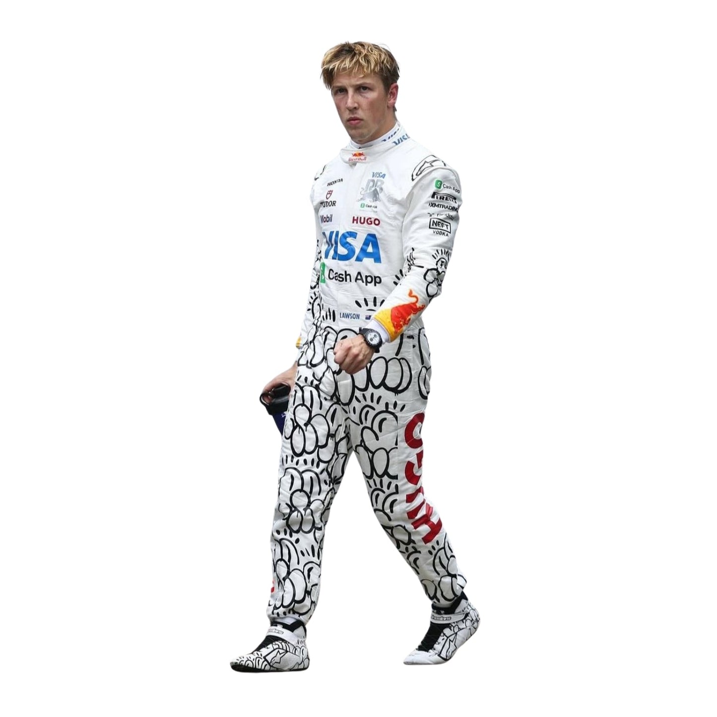 Liam Lawson wearing a white racing suit with various logos on a white background