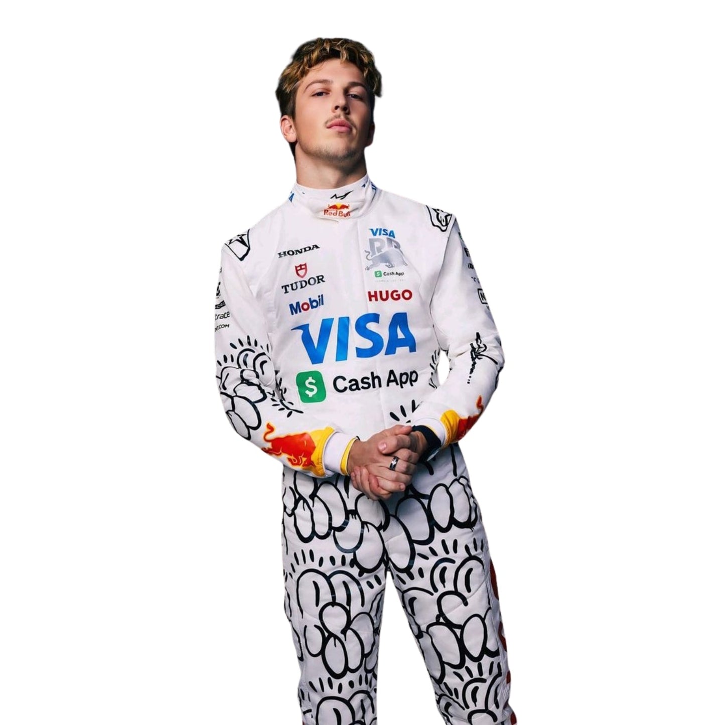 Lism Lawson Front close up view wearing a 2025 british gp racing suit with various sponsor logos on a white background