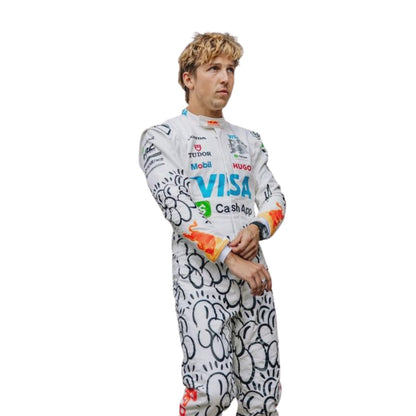 Liam Side Profile wearing a white 2025 British gp racing suit 