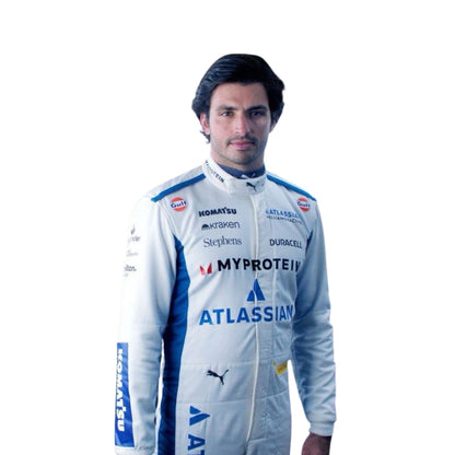Close-up of chest detailing on the 2025 Carlos Sainz F1 suit, featuring premium zippers and design

