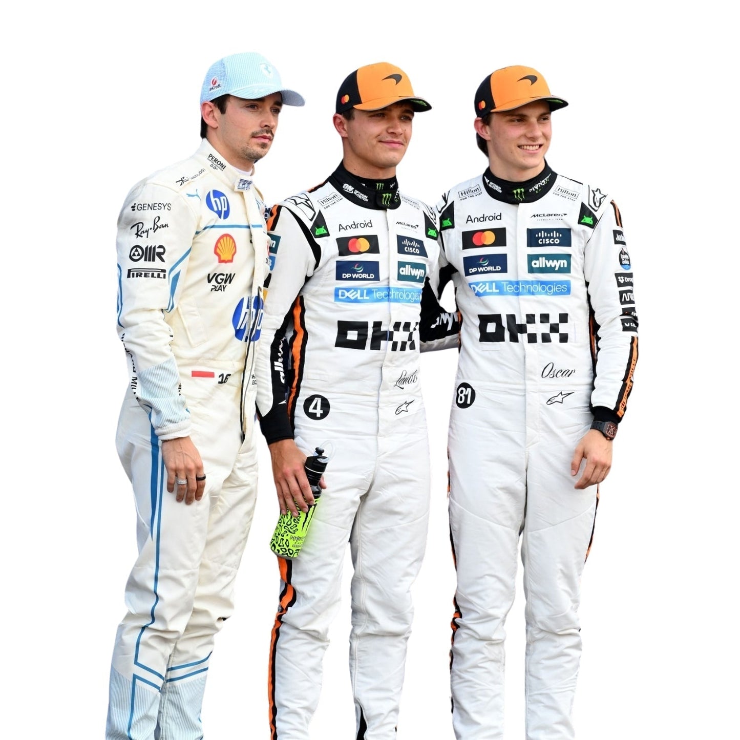 Front view of Charles Leclerc's , Lando Norris and Oscar Piastri 2025 Monaco GP F1 racing suit, designed with a bold red and gold theme, featuring aerodynamic seams, Monaco flag patch, and sponsor placements.