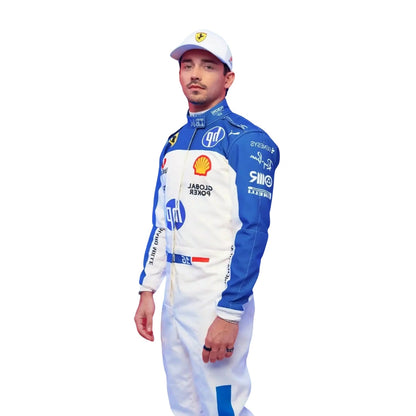 Detailed side profile close-up of the Miami GP 2025 racing suit materials, including high-contrast stitching, driver name embroidery, and premium patches tailored for Leclerc.