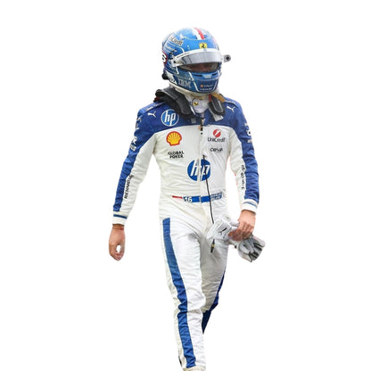 Front view of the 2025 F1 racing suits worn by Charles Leclerc at the Miami GP, showcasing sleek aerodynamic design with tropical-inspired detailing and precision sponsor placement.