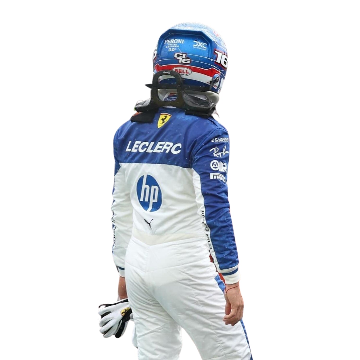 Rear view of Charles Leclerc’s Miami GP 2025 suits featuring form-fitted tailoring, palm-themed graphics, and team branding near the lower back and collar.