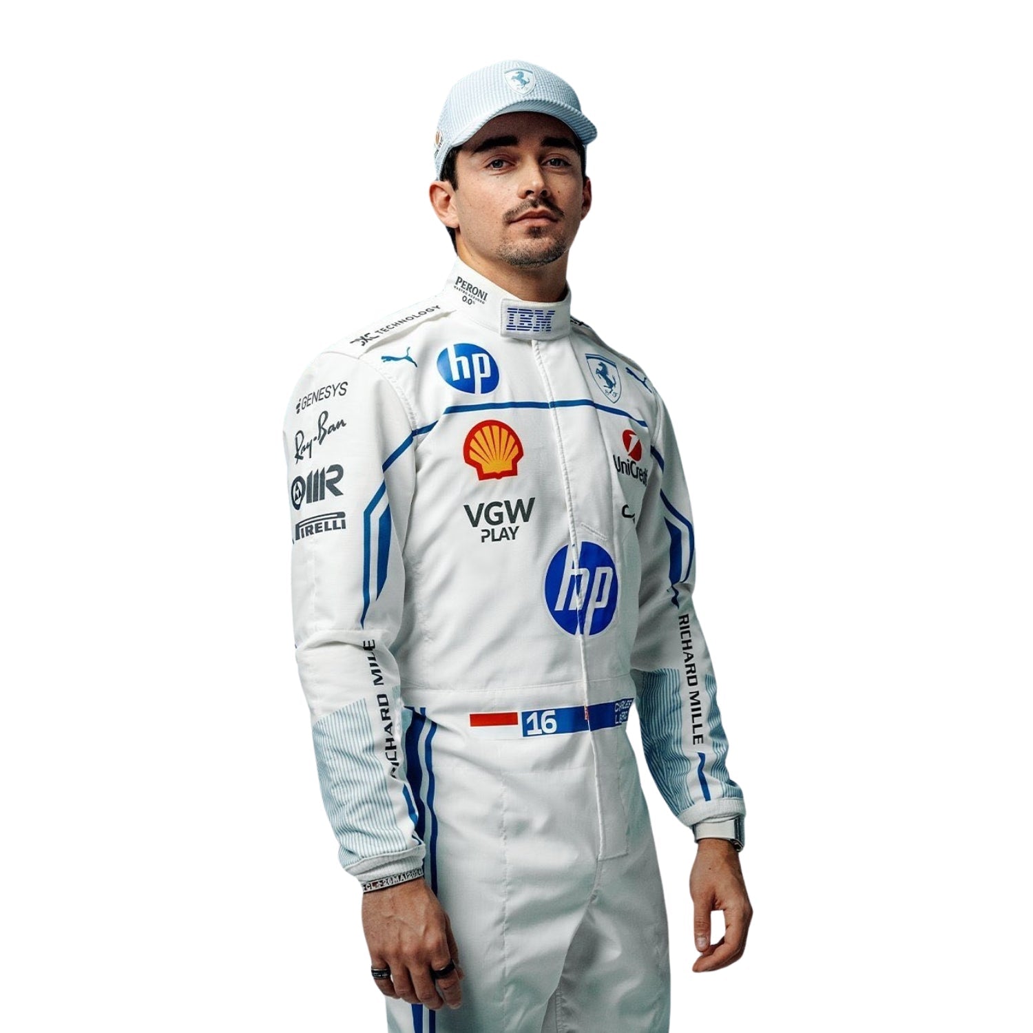 Side profile of Leclerc's 2025 F1 Monaco Grand Prix suit highlighting ergonomic fit, blue accent lines, and breathable mesh fabric for optimized airflow.