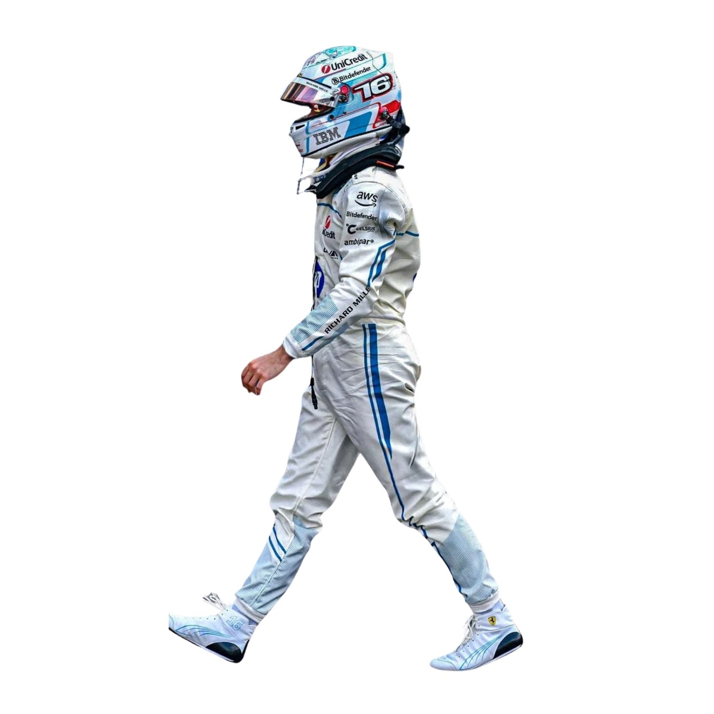 Side profile of Leclerc's 2025 F1 Monaco Grand Prix suit highlighting ergonomic fit, blue accent lines, and breathable mesh fabric for optimized airflow.