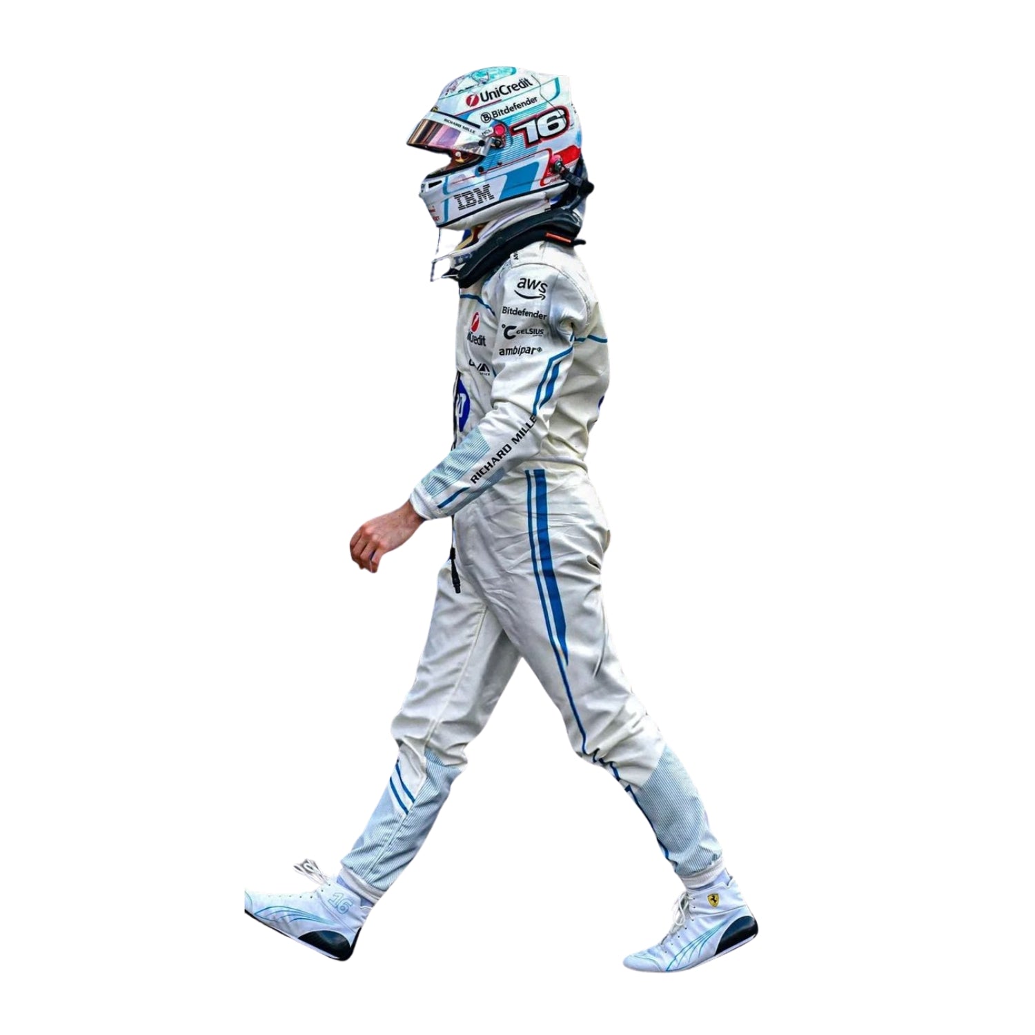 Side profile of Leclerc's 2025 F1 Monaco Grand Prix suit highlighting ergonomic fit, blue accent lines, and breathable mesh fabric for optimized airflow.