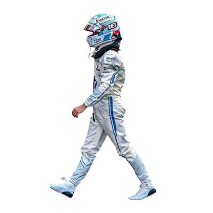 Side profile of Leclerc's 2025 F1 Monaco Grand Prix suit highlighting ergonomic fit, blue accent lines, and breathable mesh fabric for optimized airflow.