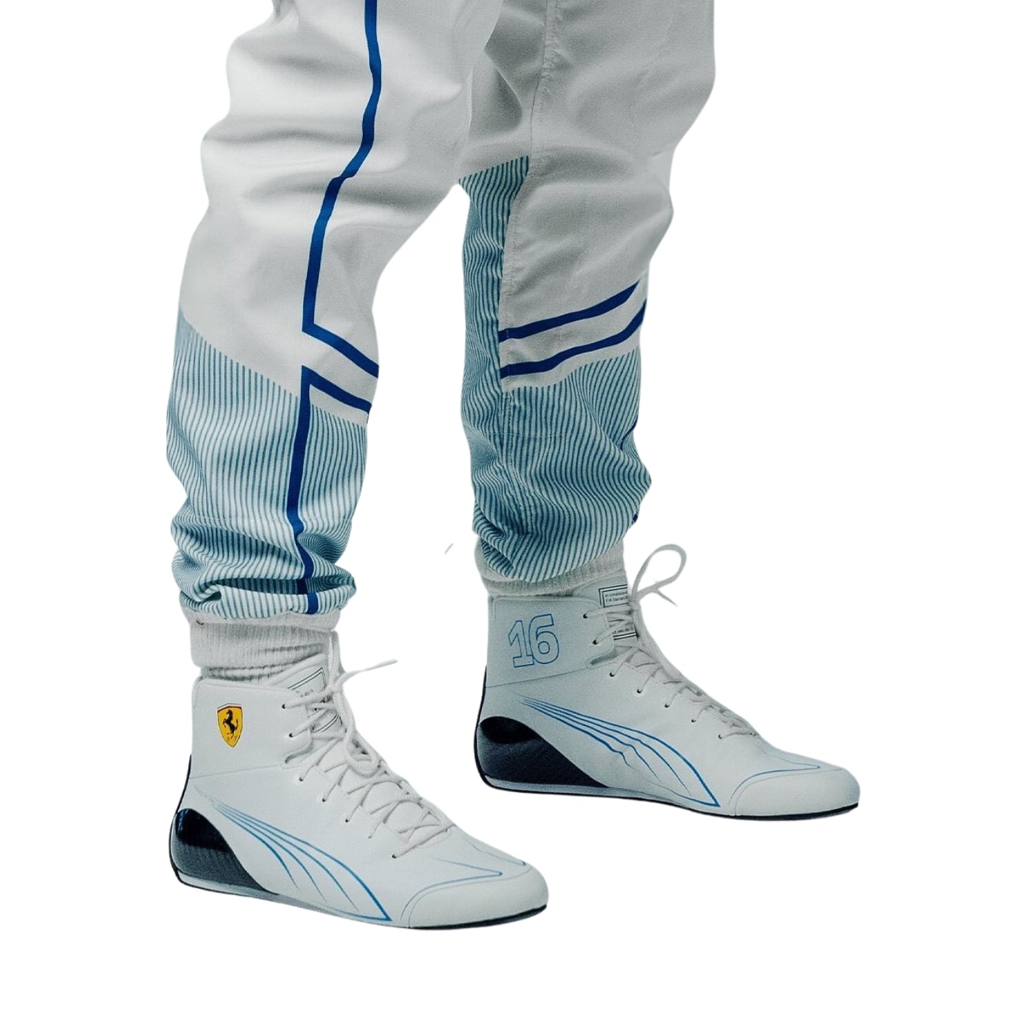 Charles Leclerc 2025 Monaco GP White F1 racing suit with blue accents and matching shoes on a white background