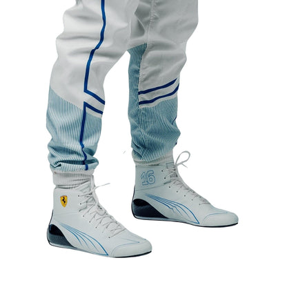 Charles Leclerc 2025 Monaco GP White F1 racing suit with blue accents and matching shoes on a white background
