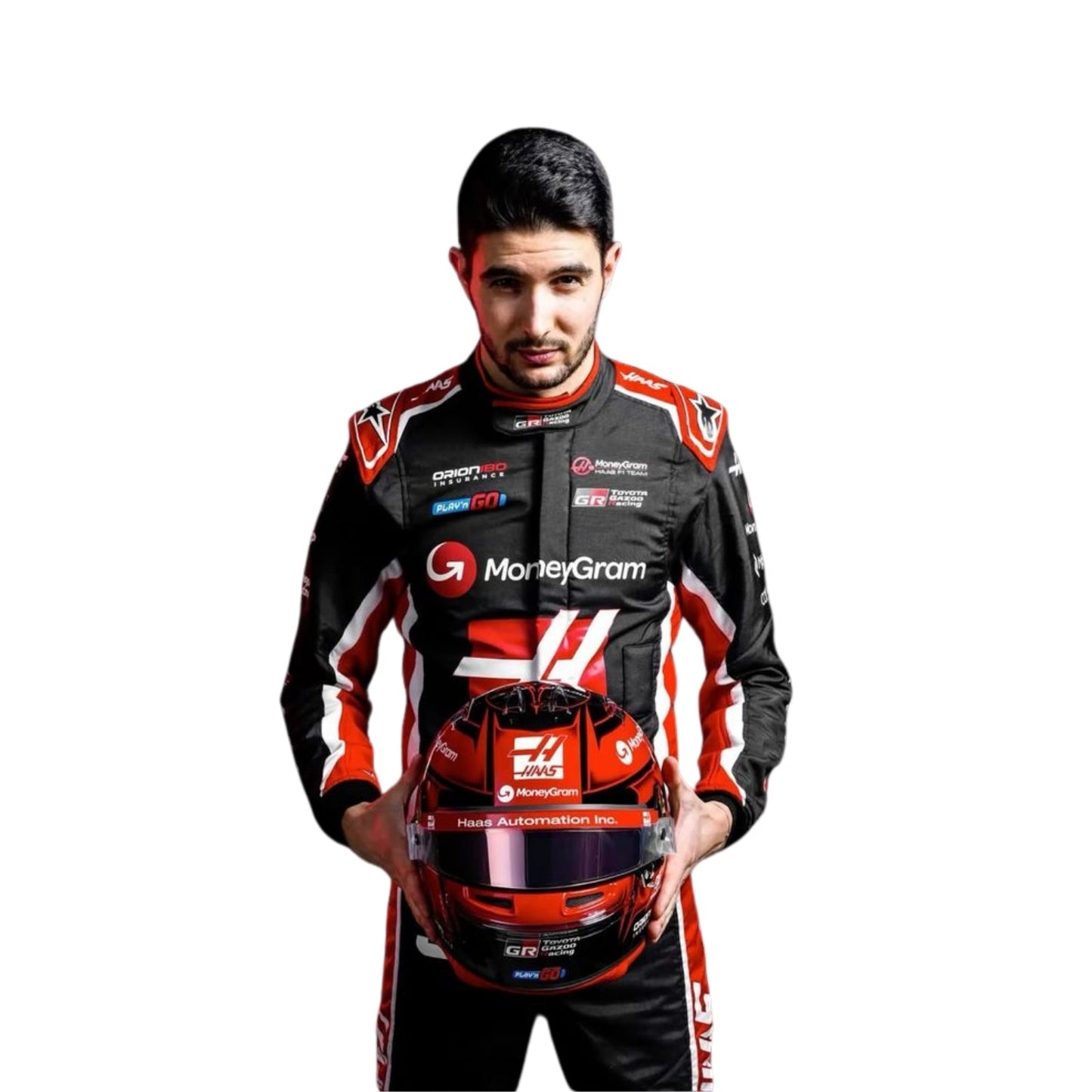 Esteban Ocon 2025 Haas F1 Racing Suit Detail View, Haas Logo with Embroidered Sponsor Patches