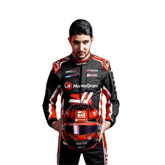 Esteban Ocon 2025 Haas F1 Racing Suit Detail View, Haas Logo with Embroidered Sponsor Patches