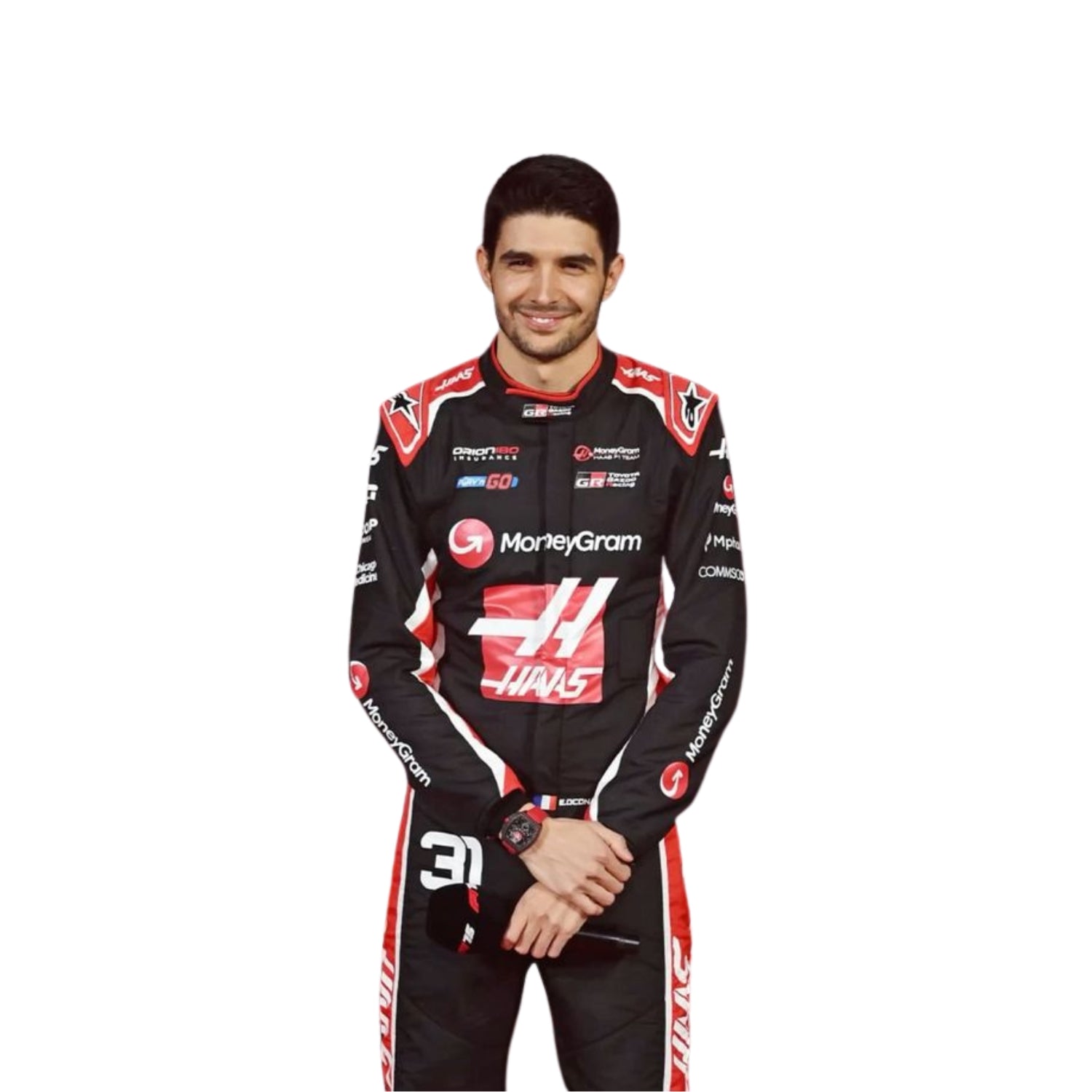 Esteban Ocon 2025 Haas F1 Racing Suit Detail View, Haas Logo with Embroidered Sponsor Patches