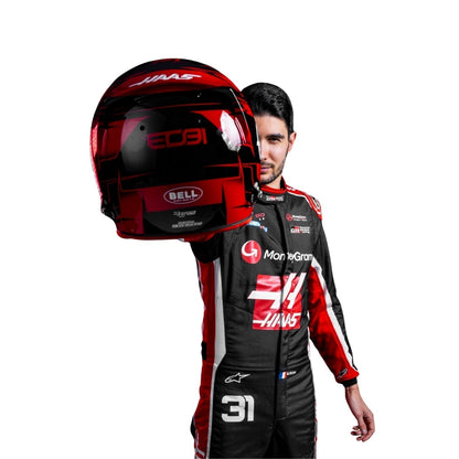 Esteban Ocon 2025 Haas F1 Racing Suit Detail View, Haas Logo with Embroidered Sponsor Patches