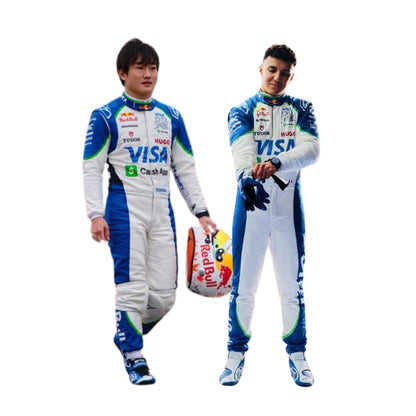Isack and Yuki in RB 2025 F1 racing suits with visible branding on a white background