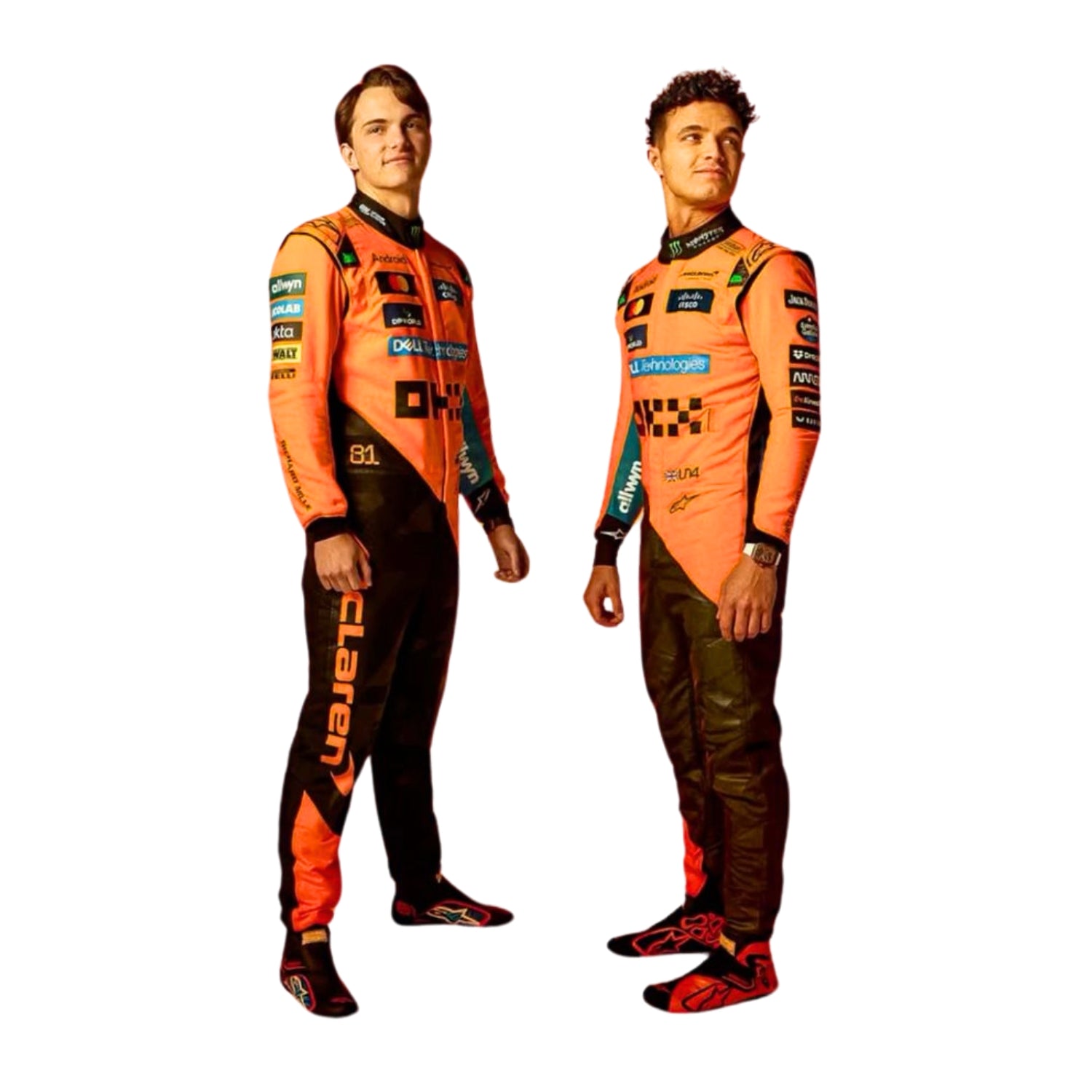 Front view of the 2025 F1 racing costume worn by Lando Norris and Oscar Piastri featuring papaya orange with carbon black accents, aerodynamic stretch panels, and technical sponsor logos.