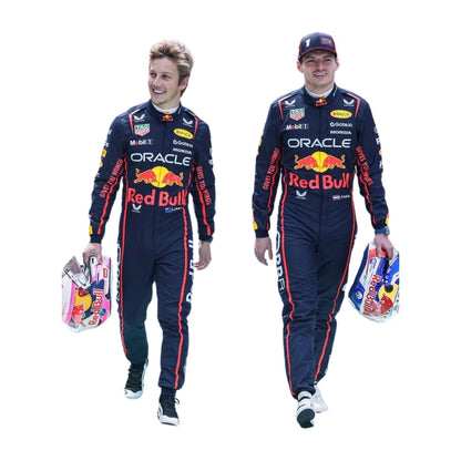 Front view of 2025 F1 racing costume worn by Max Verstappen and Liam Lawson featuring aggressive contour lines, dynamic stretch zones, and precision sponsor placement in deep navy and crimson tones.