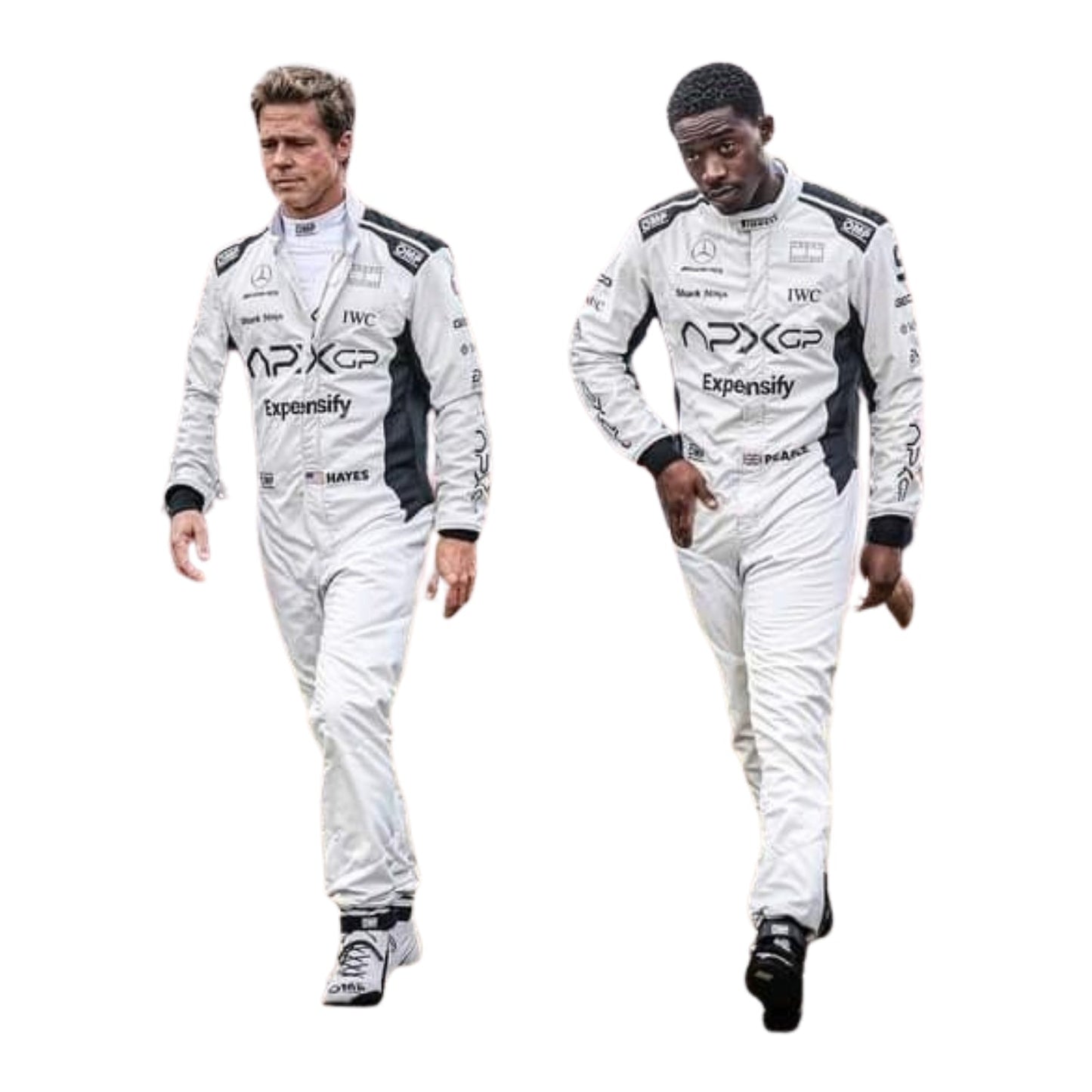 2025 F1 The Movie racing suit front view worn by Brad Pitt and Damson Idris, showcasing detailed cinematic design.