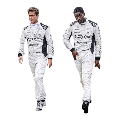2025 F1 The Movie racing suit front view worn by Brad Pitt and Damson Idris, showcasing detailed cinematic design.