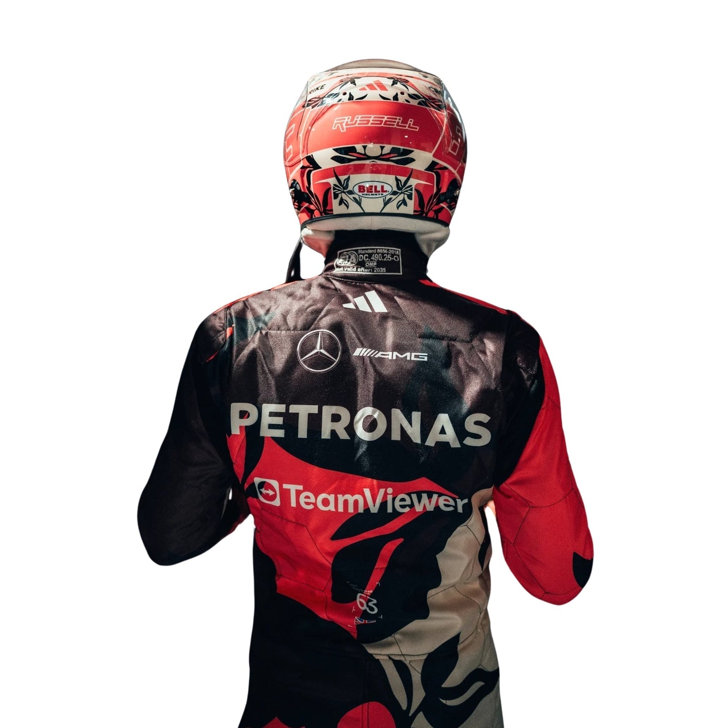 Rear view showcasing the fitted design of the 2025 Miami GP racing suits worn by Antonelli, with bold number placement and airflow-enhancing panels.