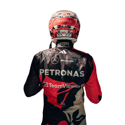 Rear view showcasing the fitted design of the 2025 Miami GP racing suits worn by Antonelli, with bold number placement and airflow-enhancing panels.