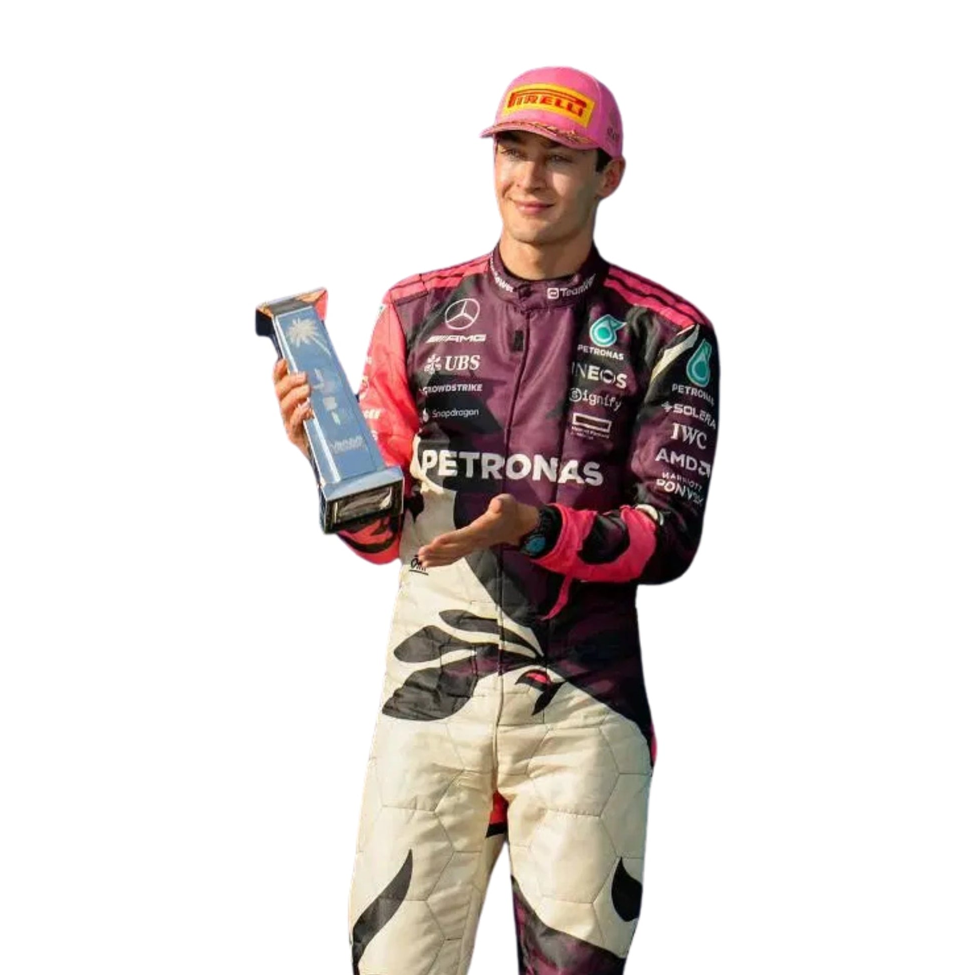 Close-up of high-performance fabric, stitched driver names, and sponsor logos on the 2025 Miami GP racing suits of George Russell.