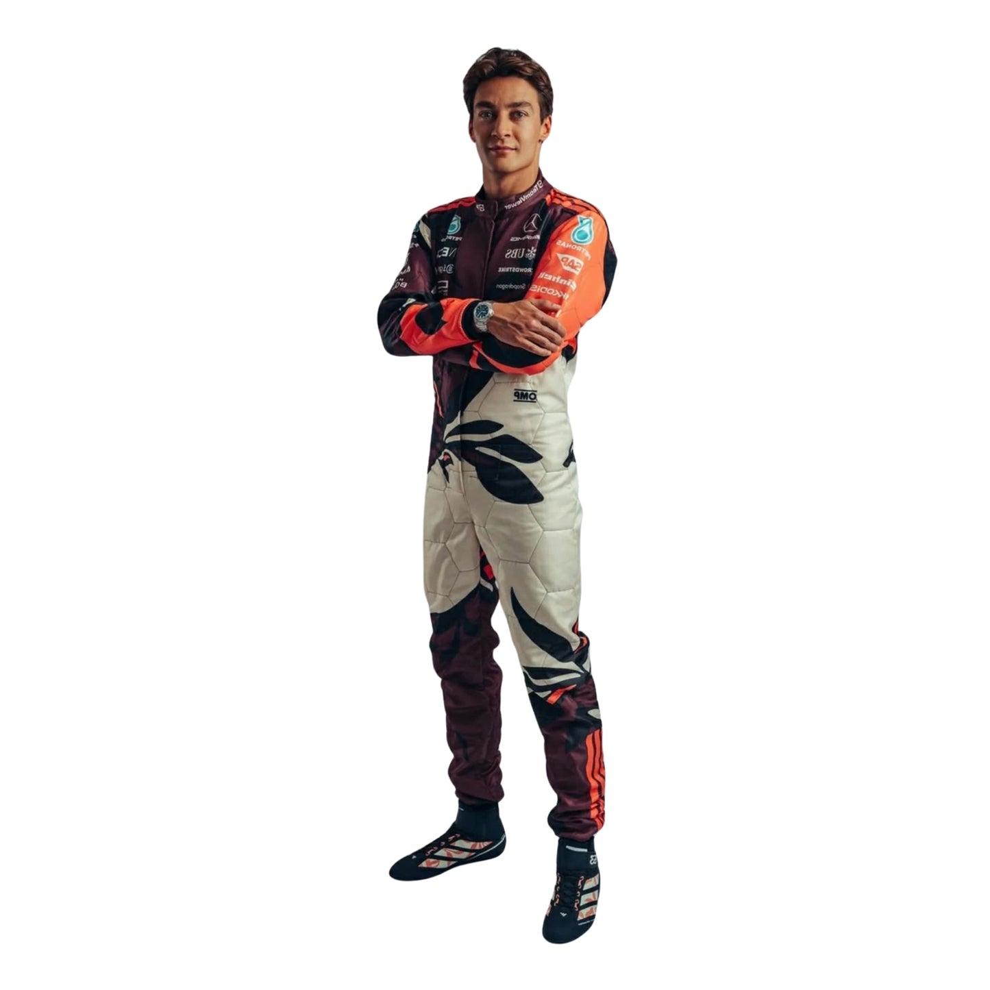 Side profile of George Russell the 2025 Miami GP suits highlighting driver-specific accents, dynamic side striping, and sleek ergonomic shaping for high-speed performance.