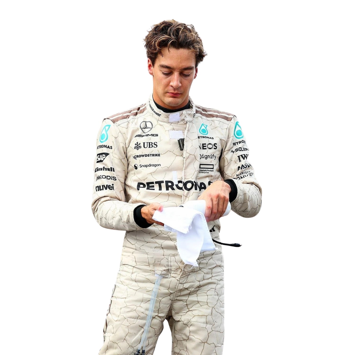 Close-up of stitching, blue accents, and detailing on George Russell 2025 USA Austin GP racing suit is inspired by the Mojave Desert