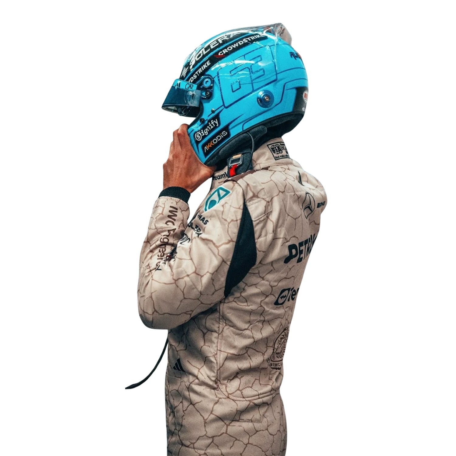 Back design of George Russell 2025 USA Austin GP is inspired by the Mojave Desert racing suit with sponsor layout