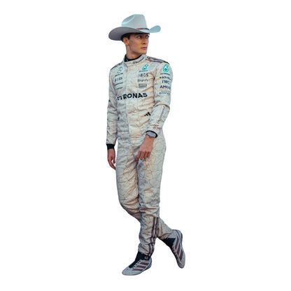 Russell 2025 USA Austin GP inspired by the Mojave Desert F1 racing suit front view with light blue details
