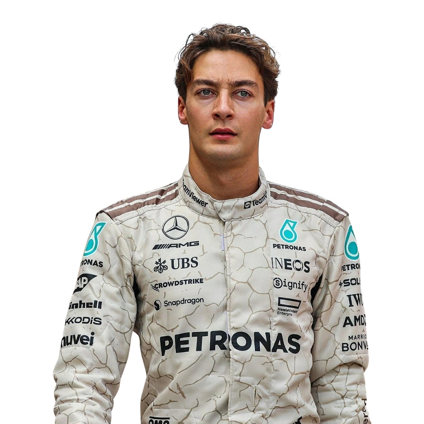 Close-up of stitching, blue accents, and detailing on George Russell 2025 USA Austin GP racing suit is inspired by the Mojave Desert