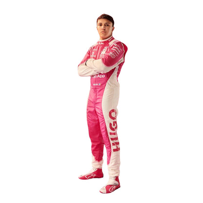 Isack Hadjar wearing the 2025 Miami GP F1 race suit, featuring a bold magenta and white color combination with a sharp, athletic fit.