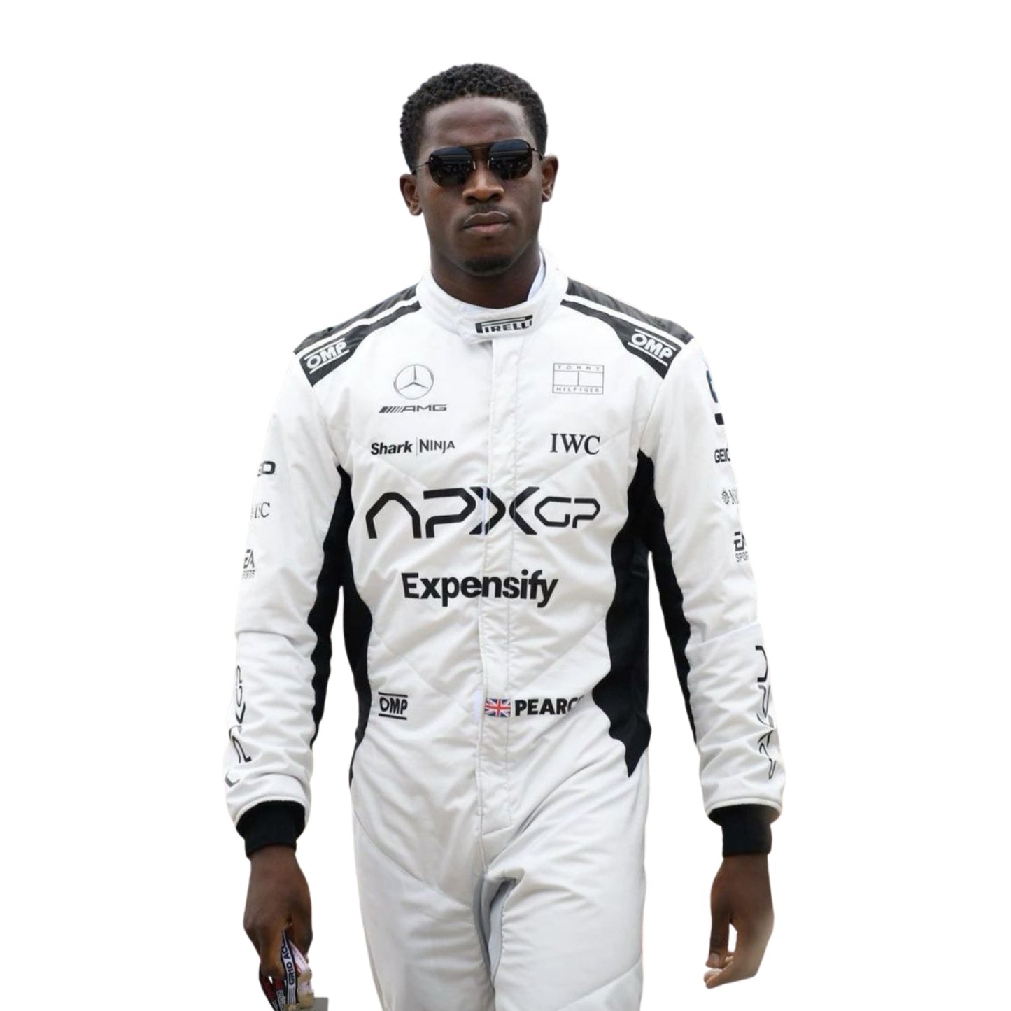 Detailed close-up of Damson Idris 2025 F1 racing movie suit stitching and logos