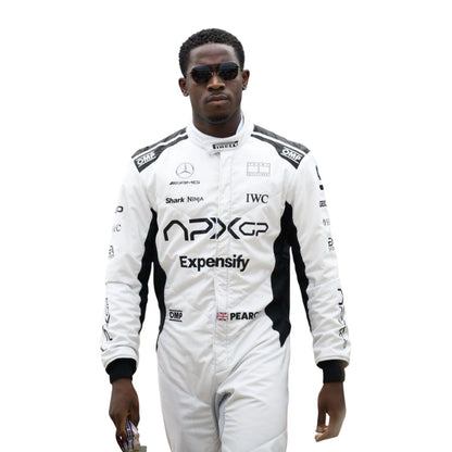 Detailed close-up of Damson Idris 2025 F1 racing movie suit stitching and logos