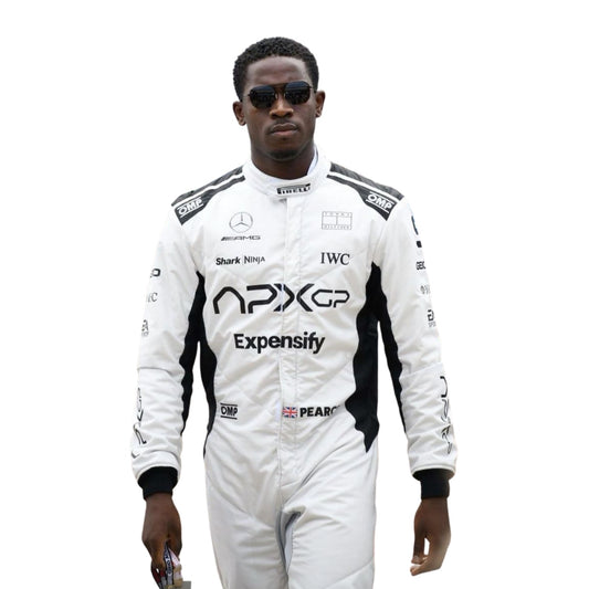 Detailed close-up of Damson Idris 2025 F1 racing movie suit stitching and logos