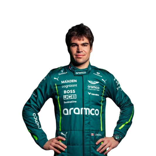 Front Close-up of Lance Stroll's 2025 Formula 1 racing suit material, illustrating the high-quality fabric texture 