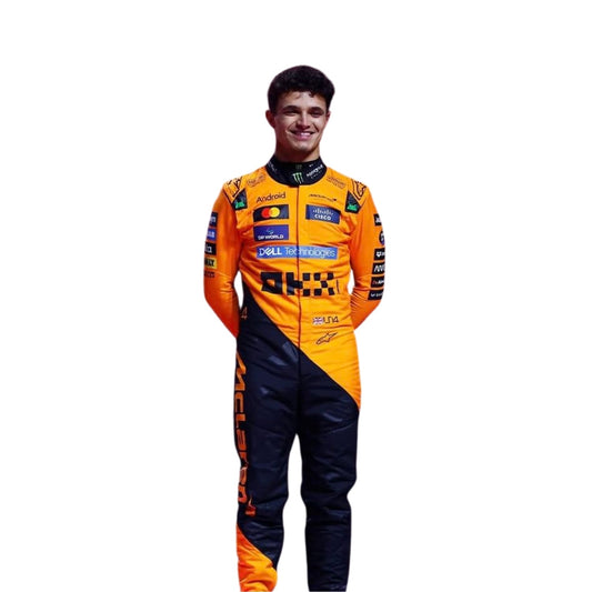 Front view of Lando Norris 2025 F1 racing suit in iconic McLaren orange and black, featuring ergonomic design and fire-resistant, breathable fabric.

