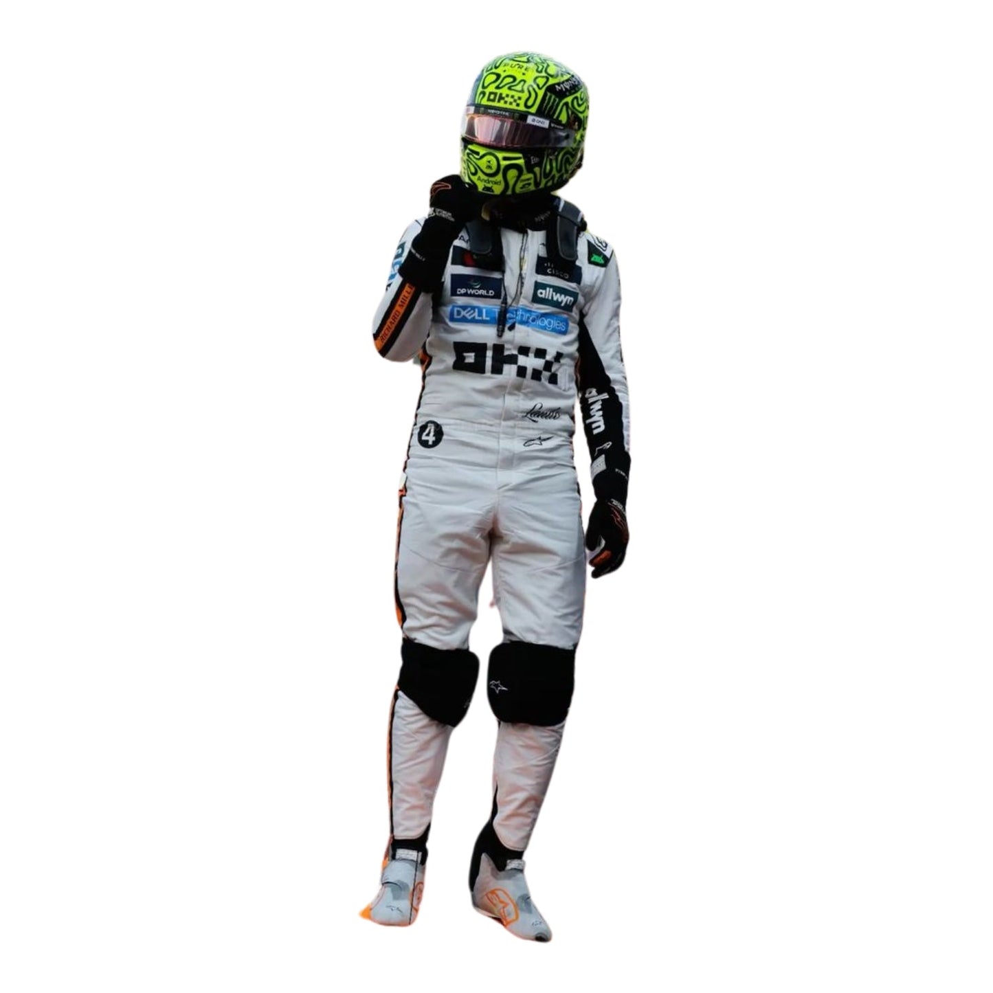 Front view of the 2025 Monaco GP white race suit worn by Lando Norris featuring classic black number in circle on a retro-inspired all-white base.