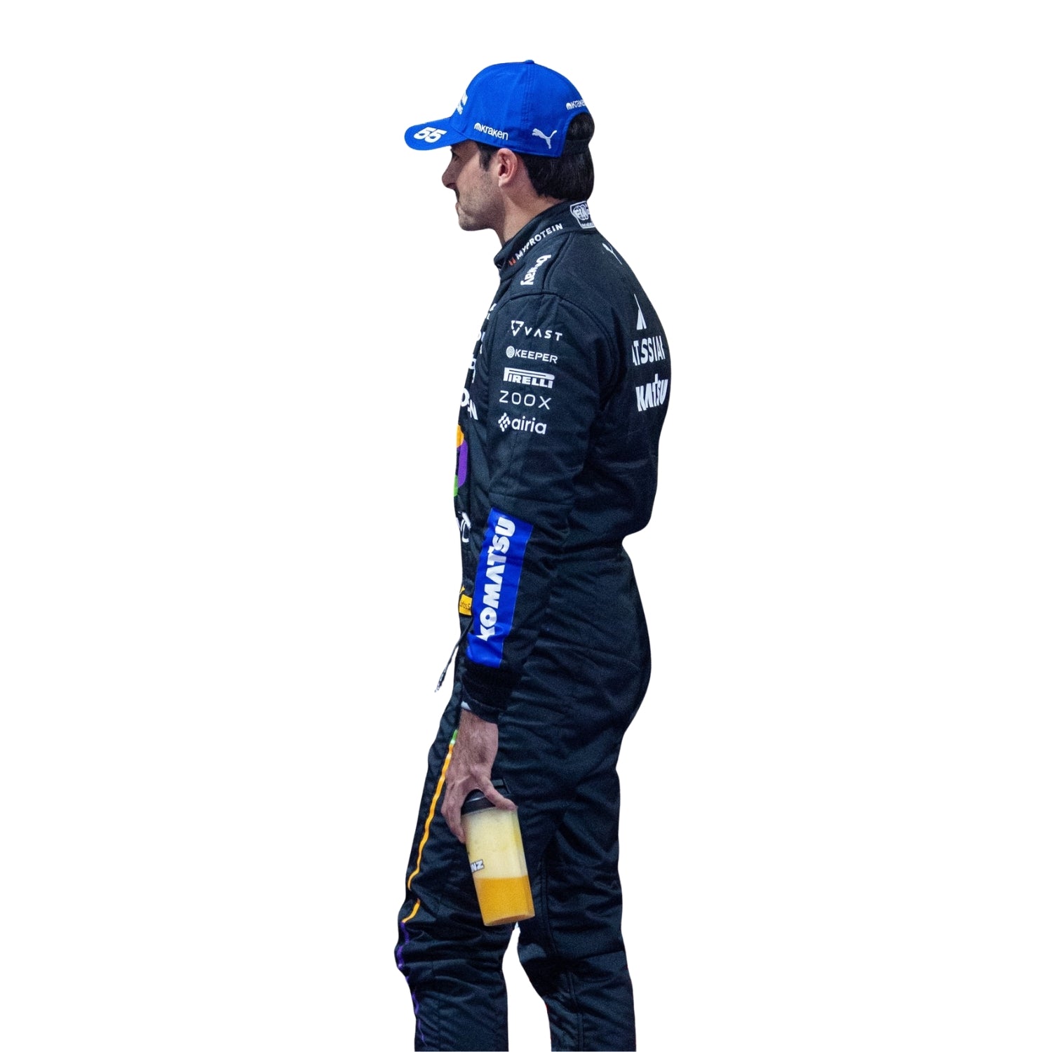 Carlos Side View of wearing a racing suit 2025 las vegas gp with various sponsor logos on a white background
