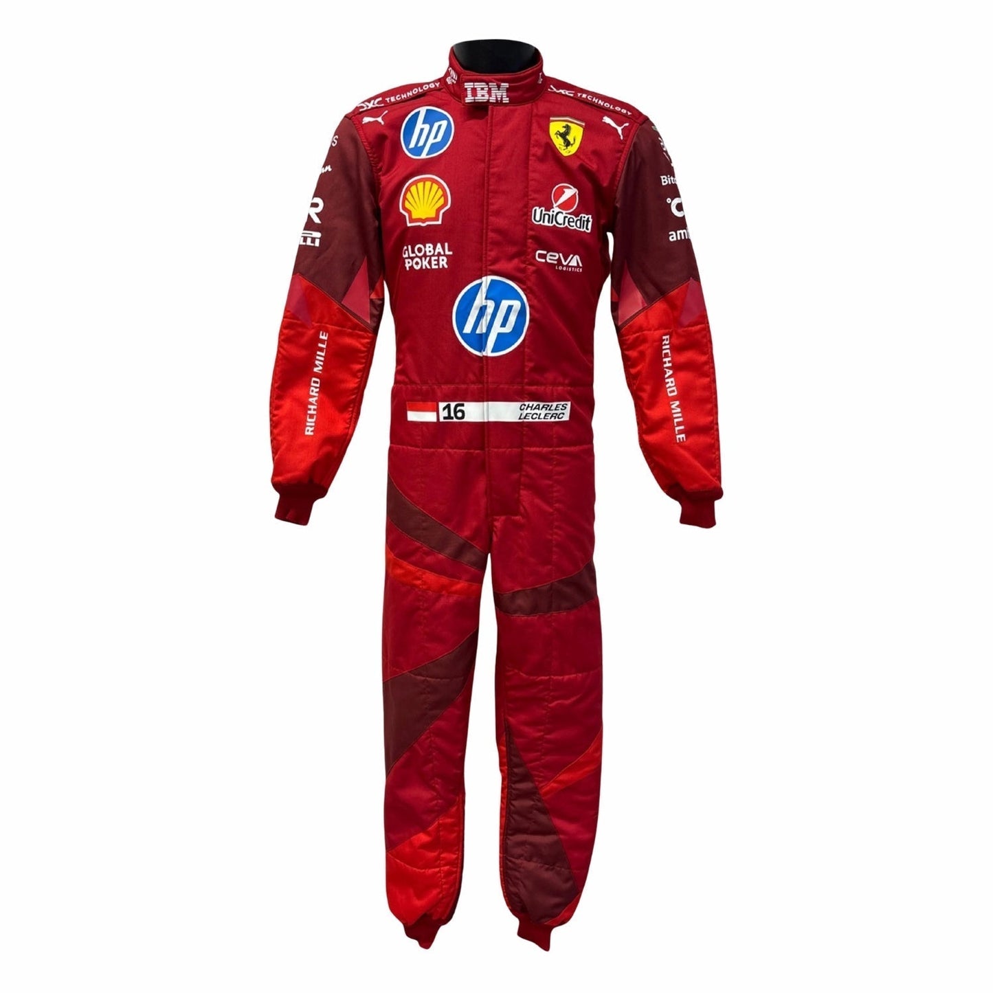 Charles Leclerc 2025 Ferrari Red Las Vegas GP F1 racing suit with various brand logos on a white background