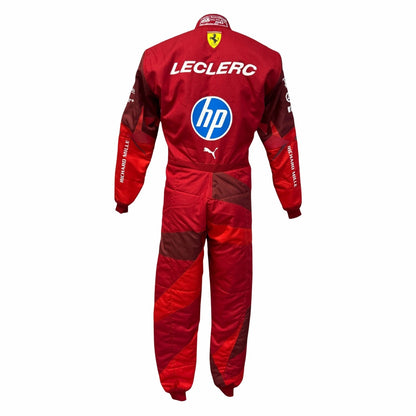 Charles Leclerc's 2025 Ferrari Red Las Vegas GP F1 racing suit with "HP" and "Puma" branding on a white background