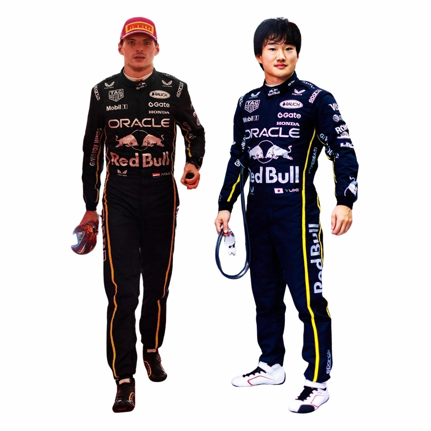 Max Verstappen and Yuki Tsunoda wearing Las Vegas GP F1 racing suits with Red Bull and Oracle branding on a white background