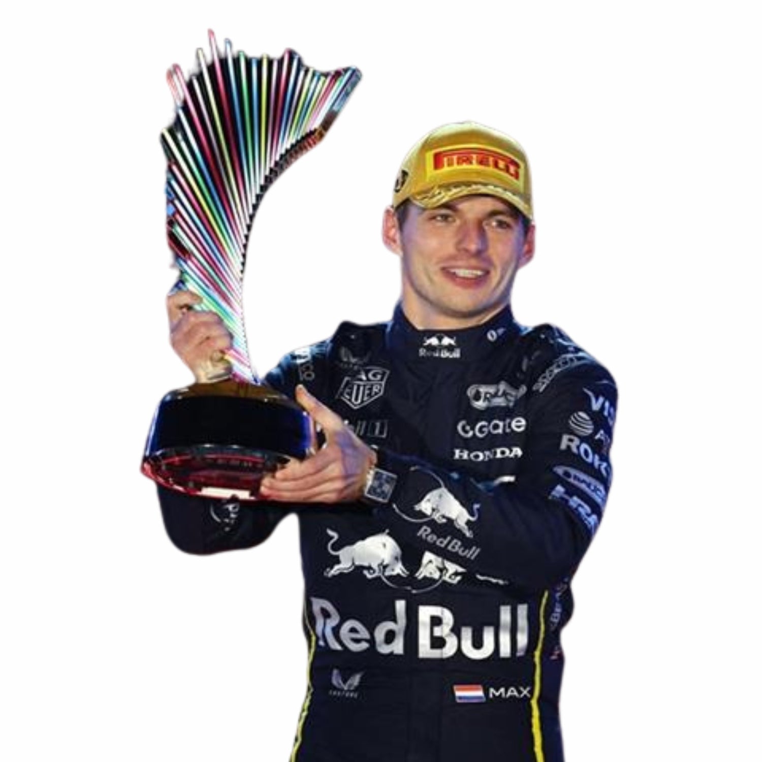 Max Verstappen in a Las Vegas GP F1 Red Bull racing suit, holding a trophy with colorful ribbons, wearing a cap with a logo.