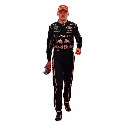 Max Verstappen wearing a Las Vegas GP F1 racing suit with Oracle and Red Bull logos on a white background