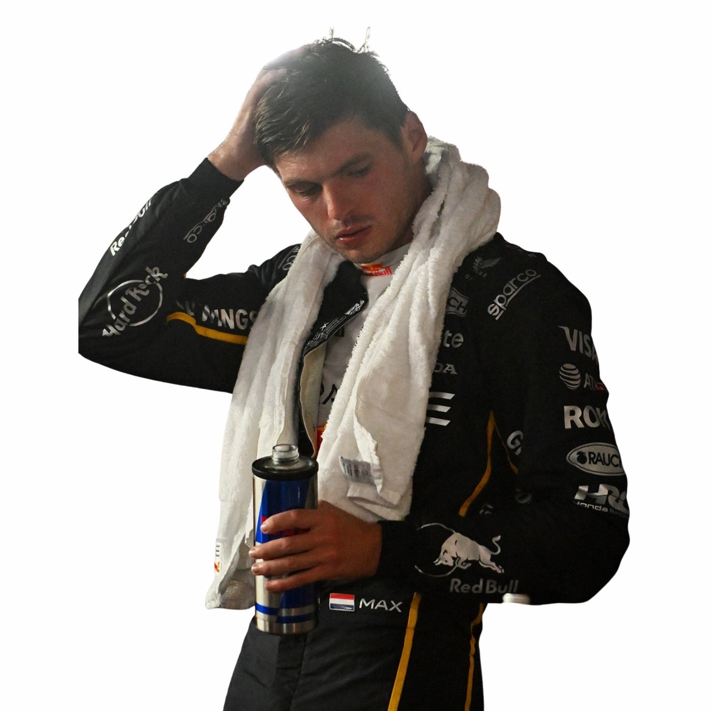 Max Verstappen in Las Vegas GP F1 Redbull racing suit holding a towel and drink, with visible sponsor logos